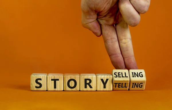 Storytelling Storyselling Symbol Male Hand Turns Wooden Cubes Changes Word — Stock Photo, Image