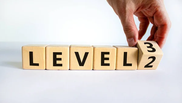 Time Level Hand Turns Cube Changes Words Level Level Beautiful — Stock Photo, Image