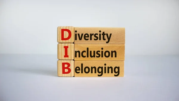 DIB, Çeşitlilik, kapsama ve aidiyet sembolü. Tahta bloklar 'DIB, çeşitlilik, dahil edilme ve güzel beyaz arka planda ait' kelimeleriyle. İş, çeşitlilik, kapsama ve aidiyet kavramı.