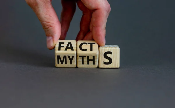 Facts Myths Symbol Businessman Hand Turns Cubes Changes Word Myths — Stock Photo, Image