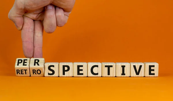 Perspective Retrospective Symbol Businessman Hand Turns Cubes Changes Word Retrospective — Stock Photo, Image