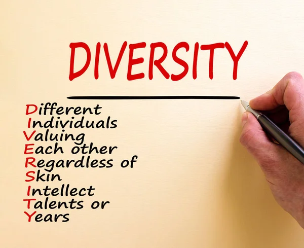 Hand writing \'diversity\' isolated on white background. Copy space. Diversity, different individuals valuing each other regardless of skin intellect talents or years words. Copy space. Equality concept.