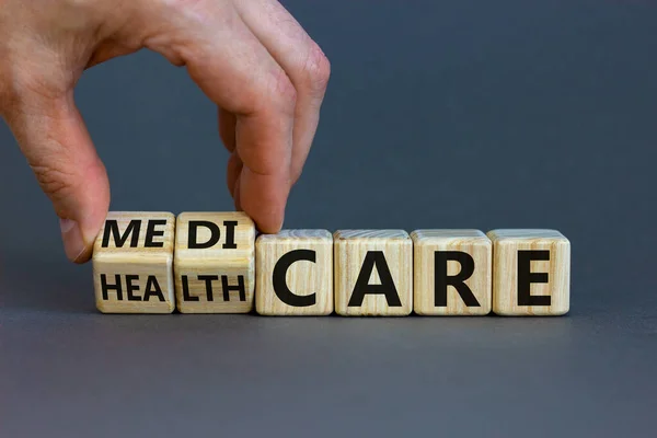 Medicare Healthcare Symbol Doctor Turns Cubes Changes Word Healthcare Medicare — Stock Photo, Image