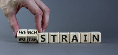 Covid-19 İngiliz ve Fransız ırkı sembolü. El küpleri döndürür ve kelimeleri 