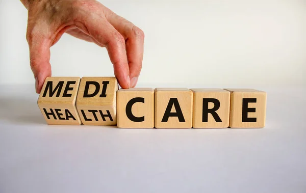 Medicare Healthcare Symbol Doctor Turns Cubes Changes Word Healthcare Medicare — Stock Photo, Image