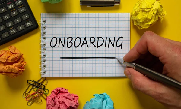 Fedélzeti Szimbólum Üzletember Írja Szó Onboarding Fehér Hang Gyönyörű Sárga — Stock Fotó