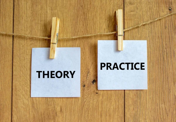 Theory Practice Symbol Wooden Clothespins White Sheets Paper Words Theory — Stock Photo, Image