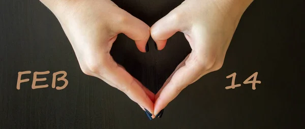 February Valentines Day Symbol Woman Making Heart Shape Dark Background — Stock Photo, Image