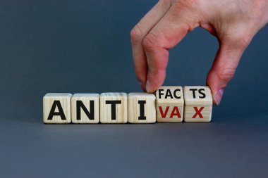 Anti-gerçekler ya da anti-vax sembolü. Doktor küpü çevirir, 'anti-vax' kelimesini 'anti-gerçeklere' çevirir. Güzel gri arkaplan. Uzayı kopyala İş dünyası, tıbbî covid-19 anti-gerçekler veya vax karşıtı kavram.