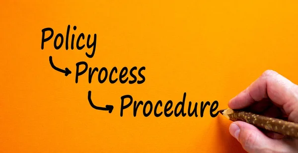 ポリシー プロセスおよび手順のシンボル ビジネスマンは美しいオレンジの背景に隔離された単語 プロセス プロシージャ を書く ビジネスポリシー プロセス 手順の概念 スペースのコピー — ストック写真