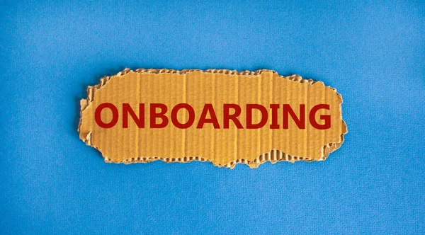 Fedélzeti Szimbólum Onboarding Szó Kartonpapíron Gyönyörű Kék Háttér Másolás Tér — Stock Fotó