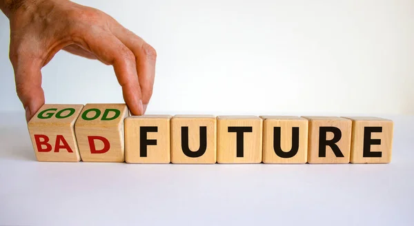 Good Bad Future Symbol Businessman Turns Wooden Cubes Changes Words — Stock Photo, Image