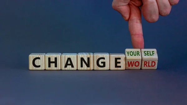 Change World Yourself Symbol Businessman Turns Wooden Cubes Changes Words — Stock Photo, Image