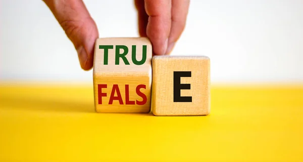 Falsk Eller Sann Symbol Affärsman Vänder Träkub Och Ändrar Ordet — Stockfoto