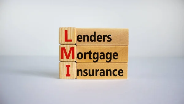 LMI, lenders mortgage insurance symbol. Wooden cubes, the word \'LMI, lenders mortgage insurance\'. Beautiful white background, copy space. Business and LMI, lenders mortgage insurance concept.