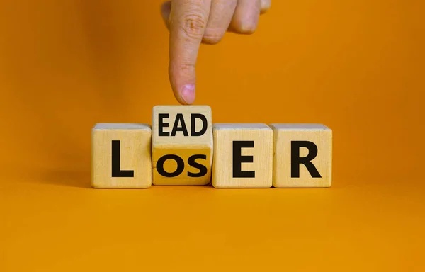 Loser Leader Symbol Businessman Turns Wooden Cube Changes Word Loser —  Fotos de Stock