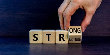 Güçlü yapı sembolü. İşadamı 'güçlü yapı' sözleriyle tahta küpü çevirir. Güzel gri arkaplan, kopyalama alanı. İş ve güçlü yapı kavramı.