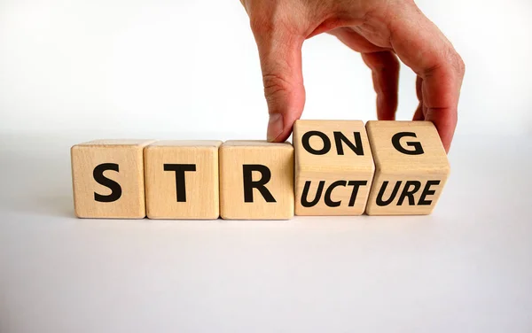 Strong structure symbol. Businessman turns wooden cubes with words \'strong structure\'. Beautiful white background, copy space. Business and strong structure concept.
