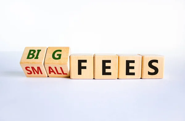 Big or small fees symbol. Turned wooden cubes and changed words 'small fees' to 'big fees'. Beautiful white table, white background, copy space. Business and big or small fees concept.