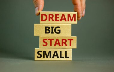 Büyük başlangıç küçük sembolü hayal et. Sözcükler, güzel gri bir arka planda, tahta bloklarda 