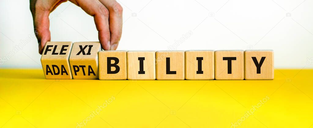 Flexibility and adaptability symbol. Businessman turns wooden cubes and changes words 'adaptability' to 'flexibility'. Beautiful white background, copy space. Business, flexibility and adaptability concept.