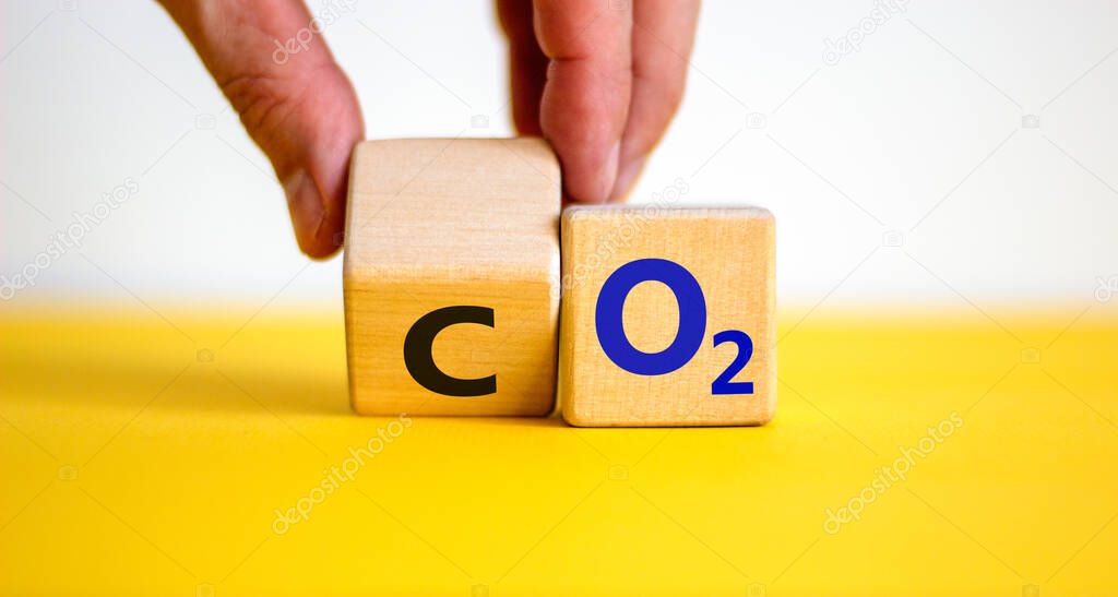 CO2 or O2 symbol. Businessman turns the wooden cube and changes words 'CO2, carbon dioxide' to 'O2, oxygen'. Beautiful white background, copy space. Business, ecological and carbon neutral concept.