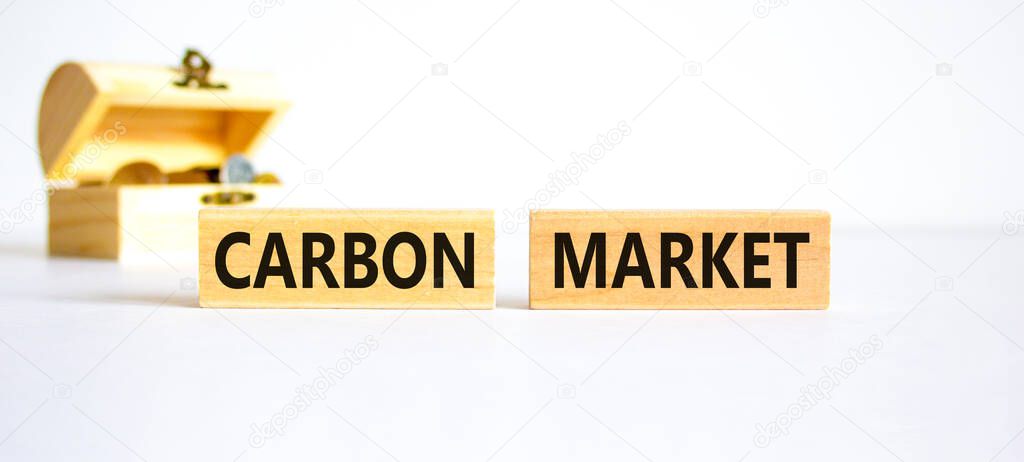 Carbon market symbol. Concept words 'carbon market' on wooden blocks on a beautiful white background, small chest with coins. Business and carbon market concept, copy space.