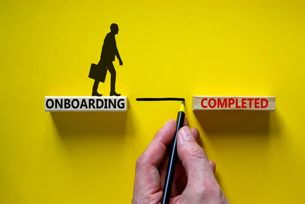 Onboarding Completed Symbol Wooden Blocks Words Onboarding Completed Businessman Hand — Stock Photo, Image