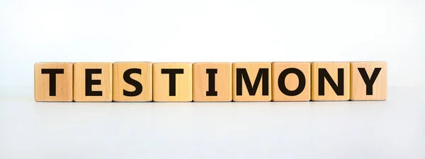 Testimony Symbol Wooden Cubes Word Testimony Beautiful White Background Business — Stock Photo, Image