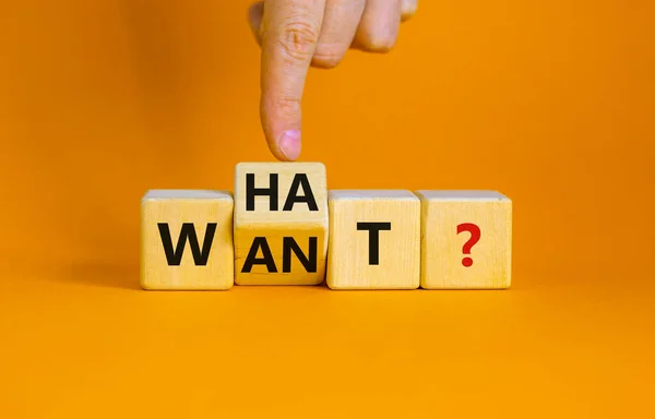 What do you want symbol. Businessman turns cubes and changes the word 'want' to 'what'. Beautiful orange background, copy space. Business, what do you want concept.