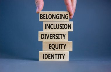 Equity, identity, diversity, inclusion, belonging symbol. Wooden blocks with words identity, equity, diversity, inclusion, belonging on beautiful grey background. Inclusion, belonging concept.