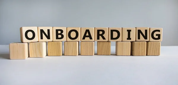 Fedélzeti Szimbólum Onboarding Szó Fából Készült Kockákon Üzleti Onboarding Koncepció — Stock Fotó