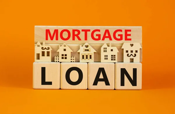 Mortgage Loan Symbol Models Wooden House Words Mortgage Loan Wooden — Stock Photo, Image