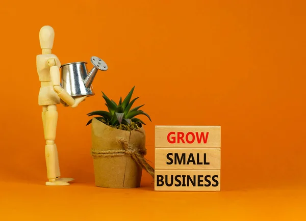 Grow small business symbol. Wooden blocks with words \'grow small business\'. Wooden manequin, house plant, miniature watering can. Beautiful orange background. Business concept, copy space.