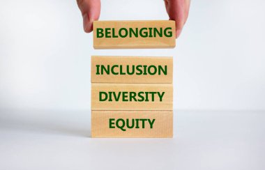 Equity, diversity, inclusion and belonging symbol. Wooden blocks with words 'equity, diversity, inclusion, belonging' on beautiful white background. Diversity, equity, inclusion and belonging concept. clipart