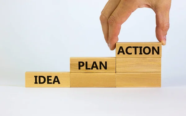 Idea, plan, action symbol. Wooden blocks form the words 'Idea, plan, action' on beautiful white background. Businessman hand. Business, idea, plan, action concept. Copy space.