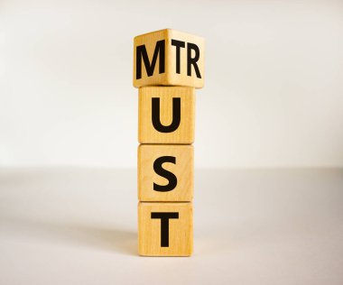 Sembollere güvenmelisin. Güvenilmesi gereken sözlerle ahşap küplere dönüştü. Güzel beyaz masa, beyaz arka plan. İş dünyası ve konsepte güvenmeli, kopyalama alanı.