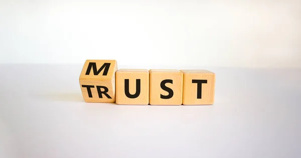 Muss Vertrauenssymbol Sein Gedrechselte Holzwürfel Mit Der Aufschrift Vertrauen Muss — Stockfoto