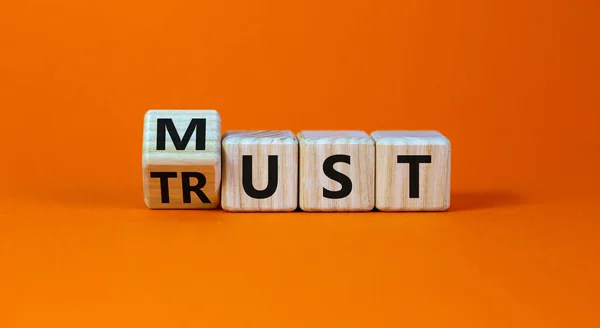 Muss Vertrauenssymbol Sein Gedrechselte Holzwürfel Mit Der Aufschrift Vertrauen Muss — Stockfoto