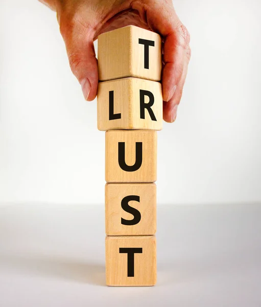 Lust Trust Symbol Businessman Turns Wooden Cubes Changes Words Lust — Stock Photo, Image