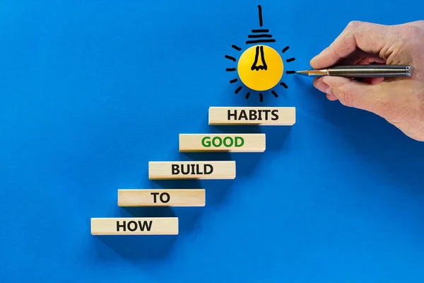 Build Good Habits Symbol Wooden Blocks Blue Background Copy Space — Stock Photo, Image