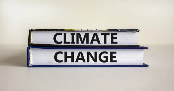 Climate change symbol. Books with words \'Climate change\' on beautiful canvas background. Business, ecological and climate change concept. Copy space.