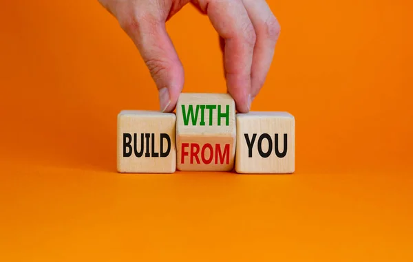 Build You Symbol Businessman Turns Wooden Cubes Changes Words Build — Stock fotografie