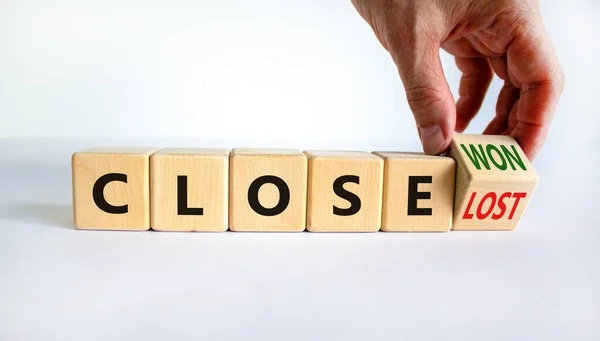Close Won Lost Symbol Businessman Turns Wooden Cube Changes Words — Stock Photo, Image