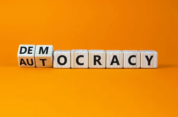 Democracy Autocracy Symbol Turned Wooden Cubes Changed Word Autocracy Democracy — 스톡 사진