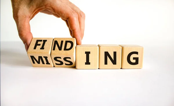 Finding Missing Symbol Businessman Turns Wooden Cubes Changes Word Missing — Stock Photo, Image