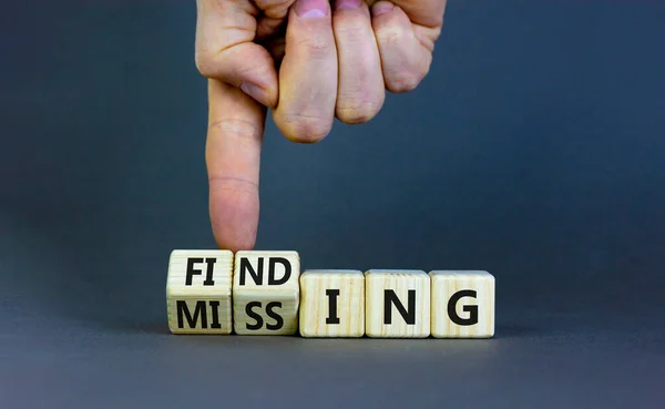 Finding Missing Symbol Businessman Turns Wooden Cubes Changes Word Missing — Stock Photo, Image