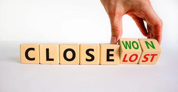 Close Won Lost Symbol Businessman Turns Wooden Cubes Changes Words — Stock Photo, Image