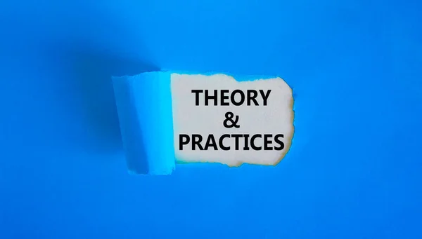 Theory Practice Symbol Words Theory Practice Appearing Torn Blue Paper — Stock Photo, Image