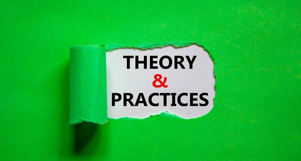 Theory Practice Symbol Words Theory Practice Appearing Torn Green Paper — Stock Photo, Image